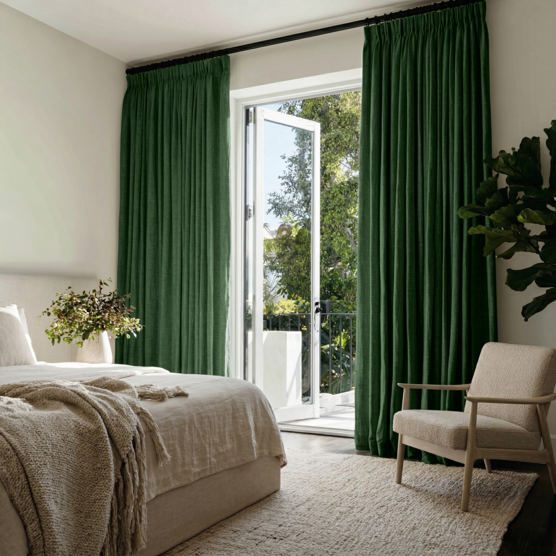 Forest Green Linen Pencil Pleat Curtains in a Bright Bedroom with White Walls and Soft Neutral Textiles - Blackout Lining