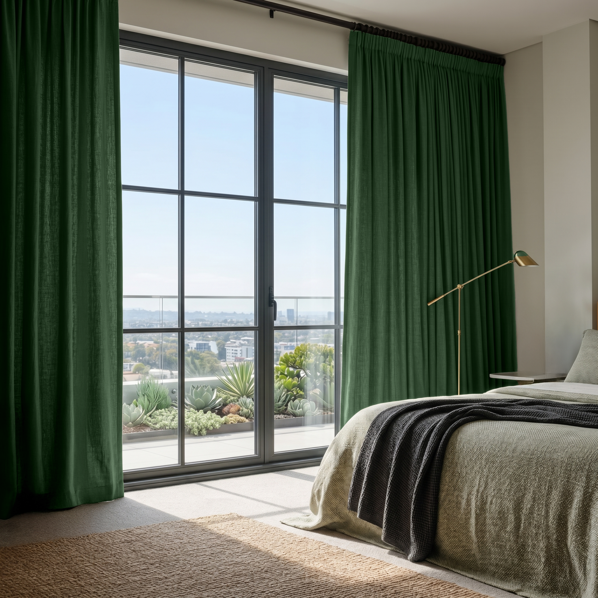 Forest Green Linen Pencil Pleat Curtains in a Modern Bedroom with Light Neutral Walls