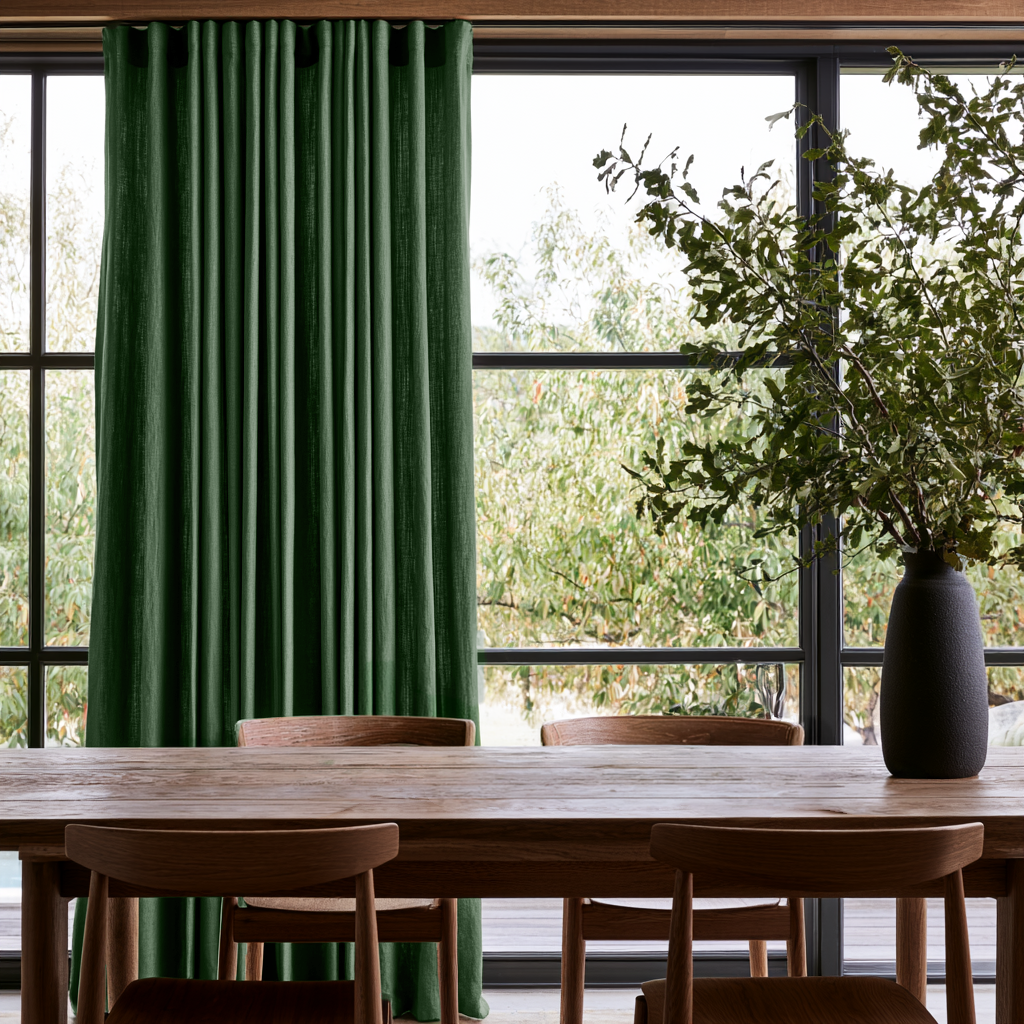 Forest Green Linen S-Fold Curtains in a Modern Organic Dining Room with Large Black-Framed Windows and Natural Wood Furniture