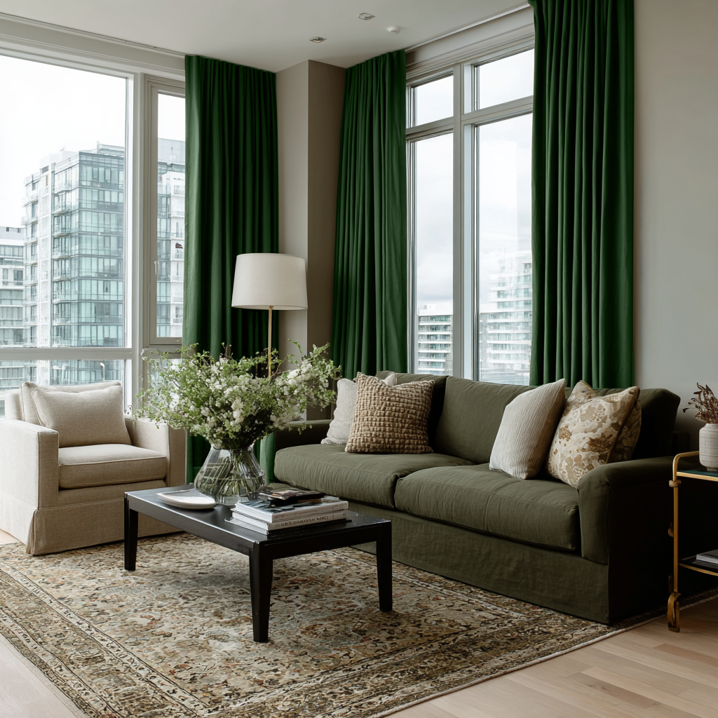 Forest Green Linen Soundproof Curtains with Multitape