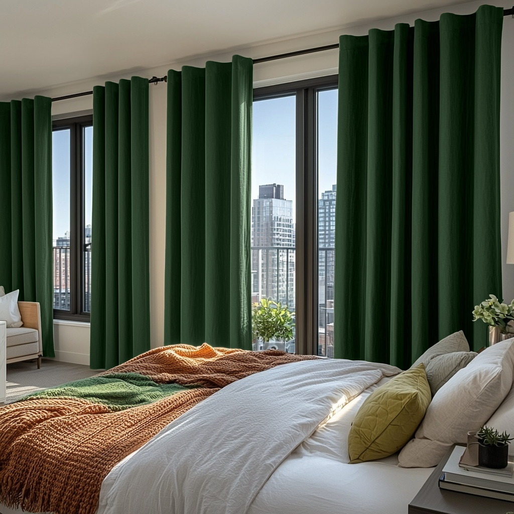 Forest Green Linen Thermal Curtains with Multitape