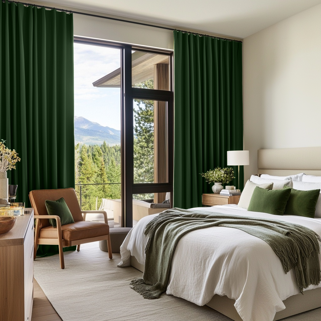 Forest Green Linen Thermal S-Fold Curtains
