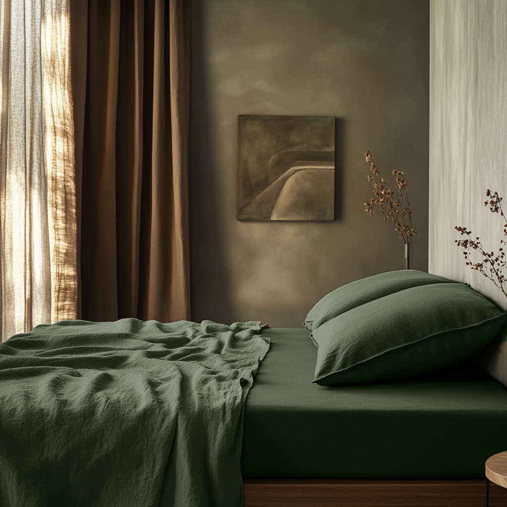 Forest Green Washed Linen Deep Pocket Fitted Sheet Set