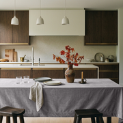 Grey Rectangular Velvet Tablecloth in a Contemporary Kitchen with Dark Walnut Cabinetry