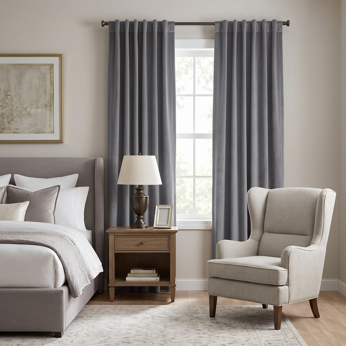 Grey Velvet Back Tab Extra Long Curtains in a Contemporary Bedroom with Upholstered Bed and Wingback Chair