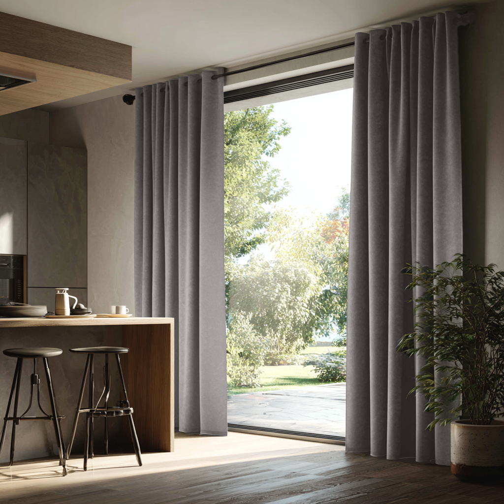 Grey Velvet Eyelet Blackout Curtains for Sliding Doors in a Kitchen with Light Grey Walls
