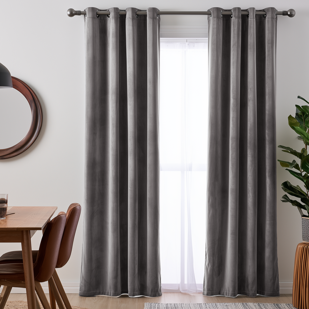 A modern dining space with floor-length gray curtains, a light wooden table, brown leather chairs, a round wall mirror, and a tall green houseplant