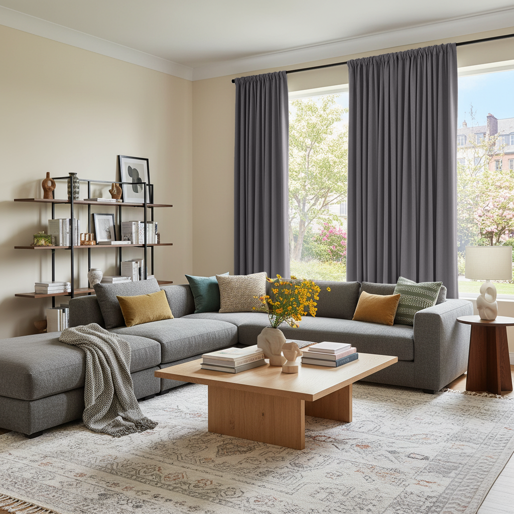 Grey Velvet Rod Pocket Blackout Curtains in a Living Room with Cream Walls