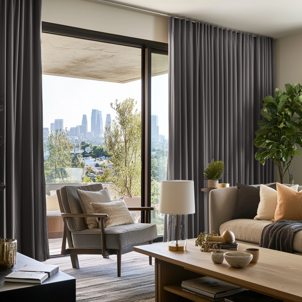 Grey Velvet S-Fold Blackout Curtains for Sliding Doors in a Living Room with Cream Walls