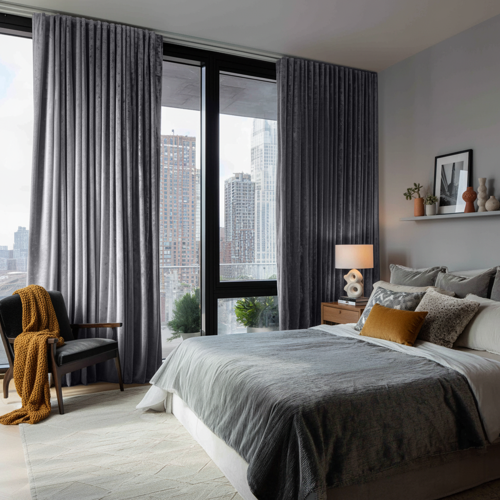 Grey Velvet S-Fold Blackout Curtains in a Bedroom with Grey Walls