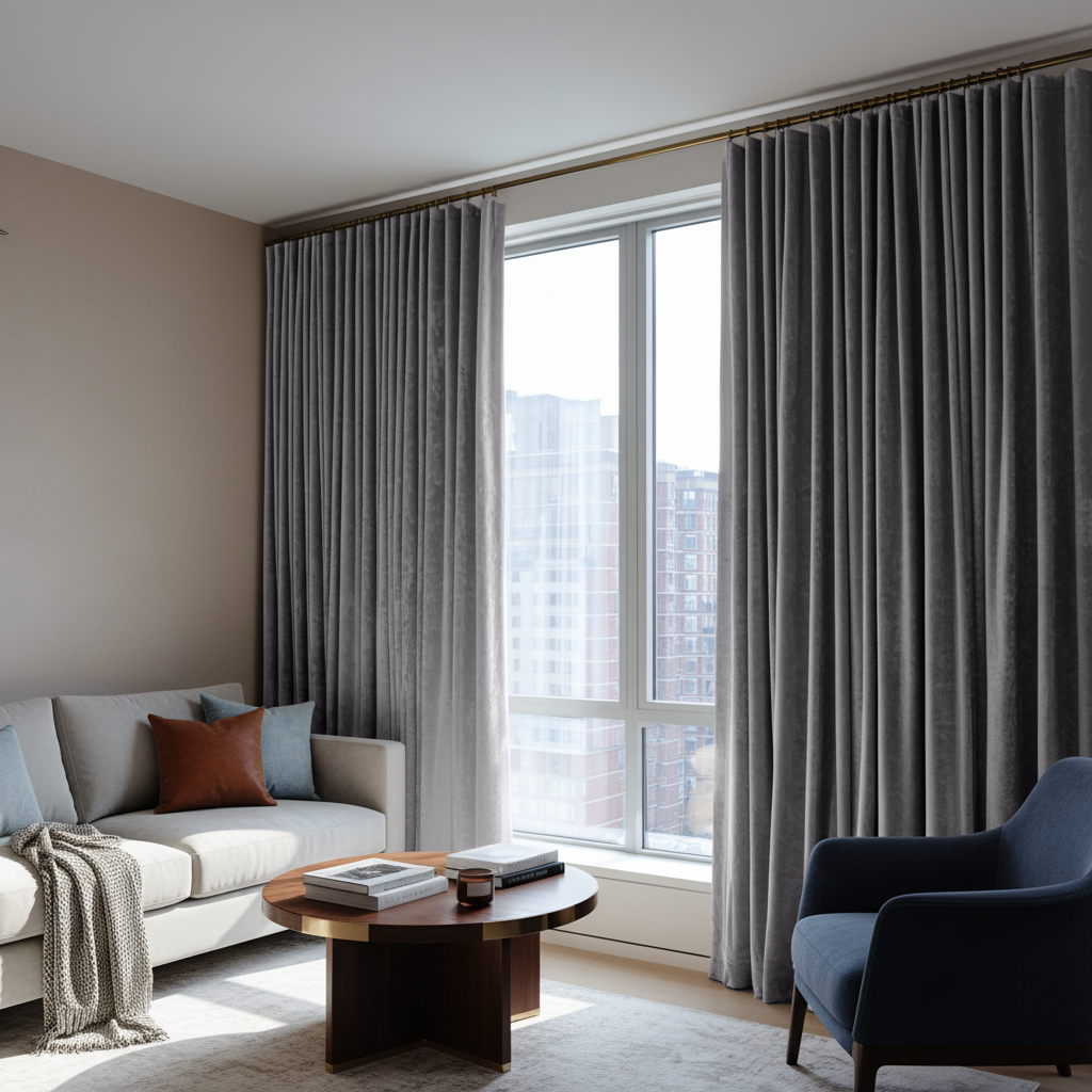 Grey Velvet S-Fold Blackout Curtains in a Living Room with Beige Walls