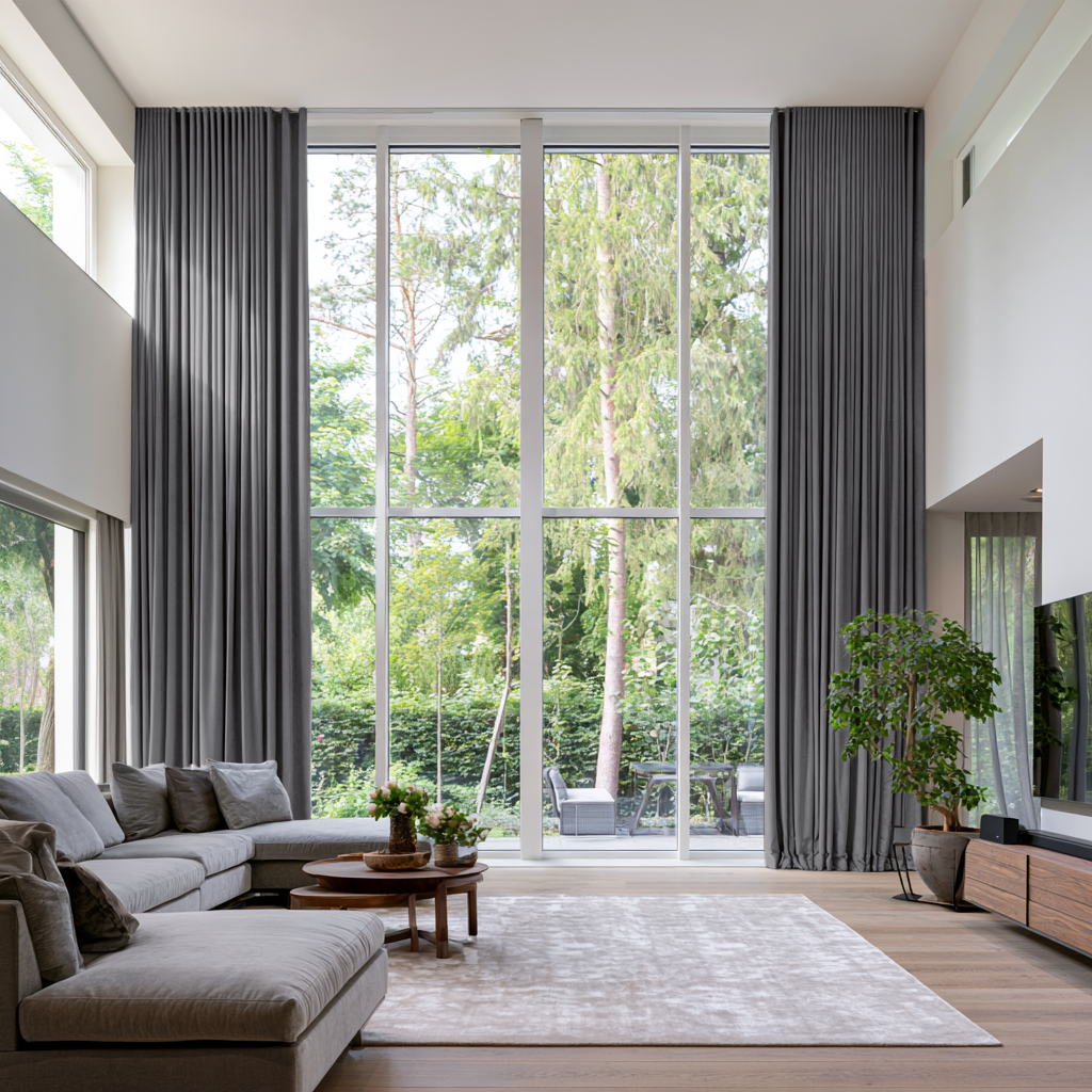 Grey Velvet S-Fold Extra Long Curtains in a Contemporary Double-Height Living Room with Floor-to-Ceiling Windows and Sectional Sofa