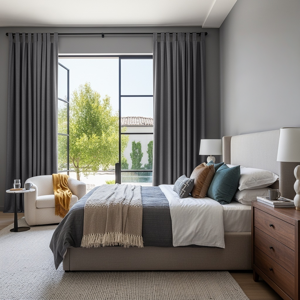 Grey Velvet Tab Top Blackout Curtains in a Bedroom with Grey Walls