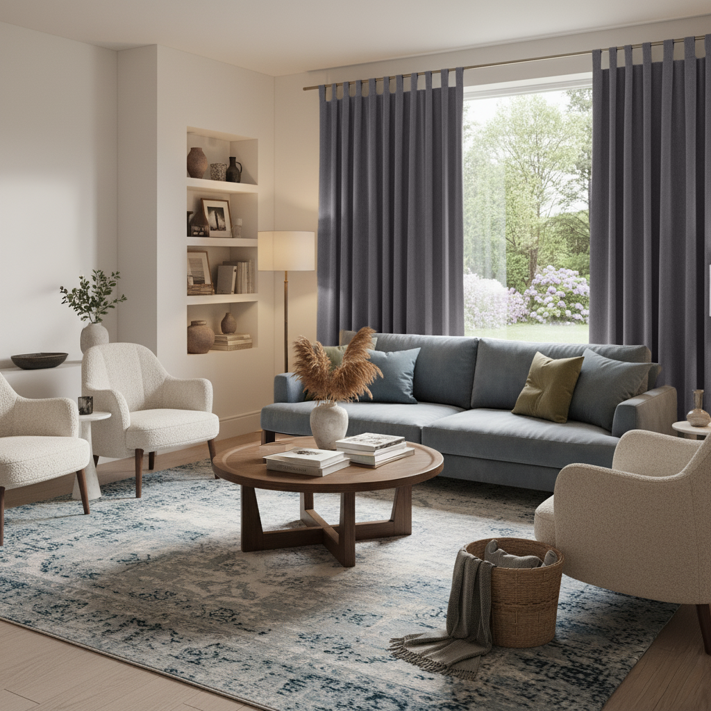 Grey Velvet Tab Top Blackout Curtains in a Living Room with Cream Walls