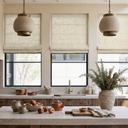 Ecru Heavy Weight Linen Roman Blinds in a Rustic Kitchen with Wood Cabinets - Blackout Lining