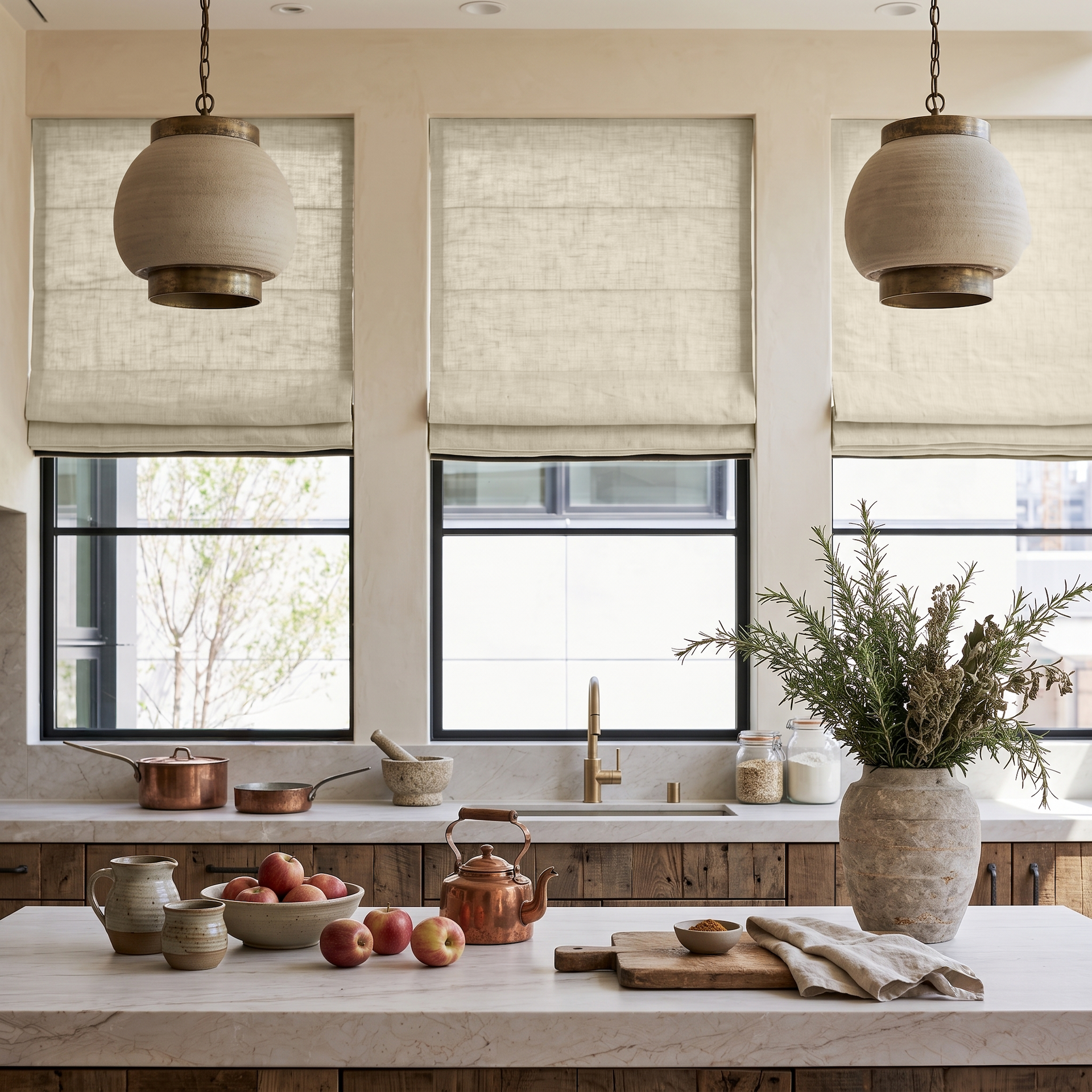 Ecru Heavy Weight Linen Roman Blinds in a Rustic Kitchen with Wood Cabinets - Blackout Lining
