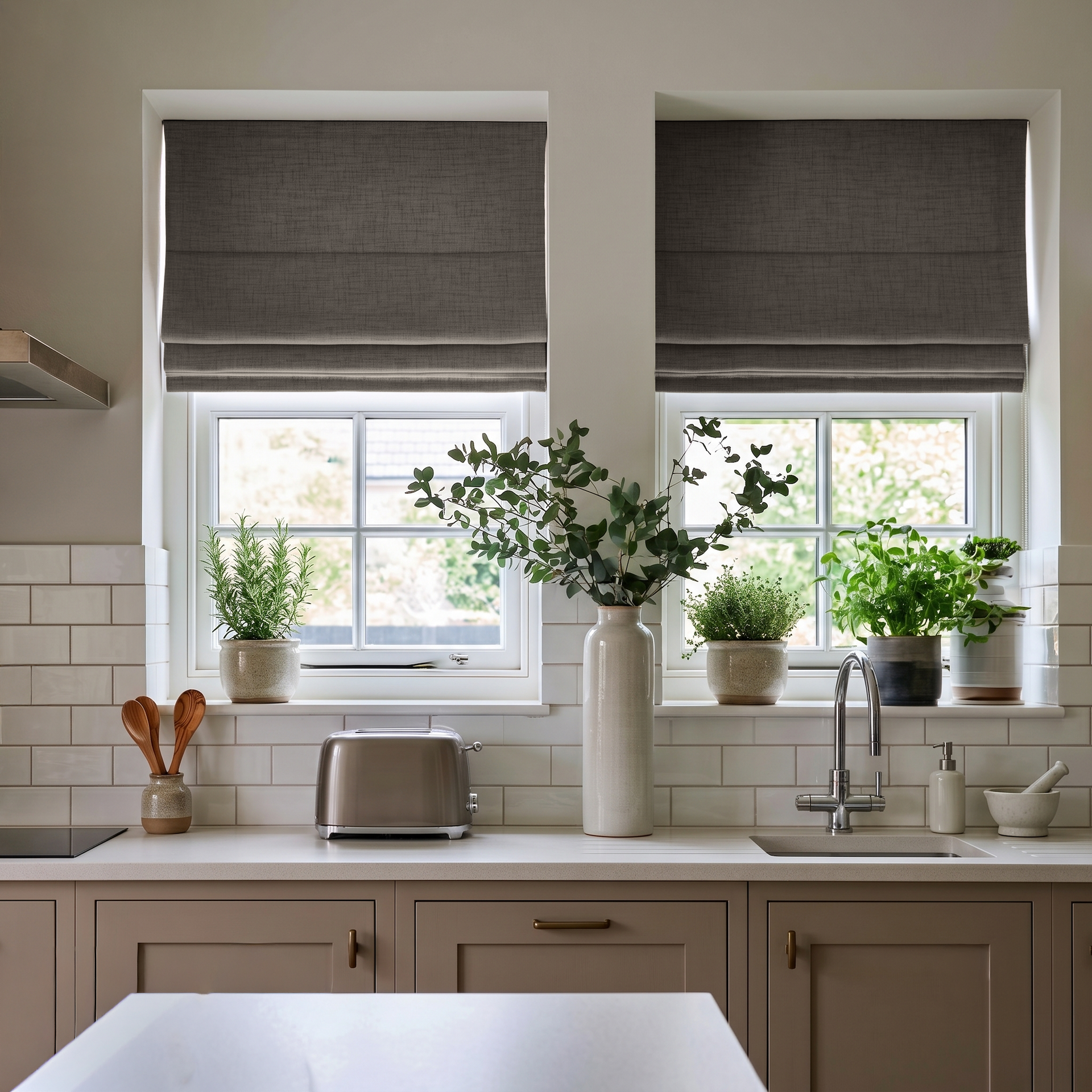 Natural Heavy Weight Linen Roman Blinds in a Bright Transitional Kitchen with Taupe Cabinetry - Blackout Lining