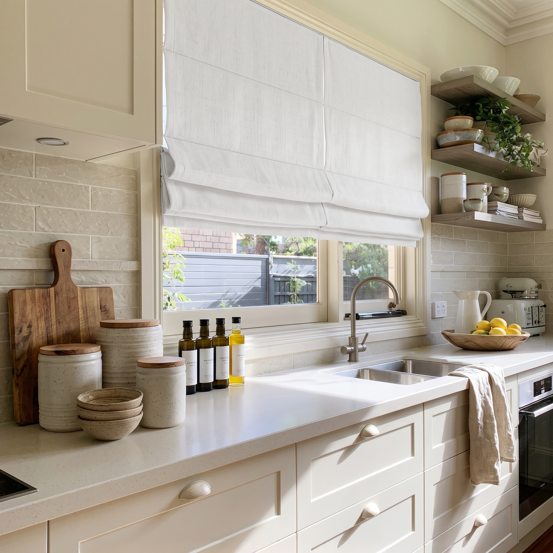Off-White Heavy Weight Linen Roman Blinds in a Bright Classic Kitchen with Cream Cabinetry - Blackout Lining