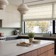 Ecru Heavy Weight Linen Roman Blinds in a Modern Kitchen with Sage Green Walls