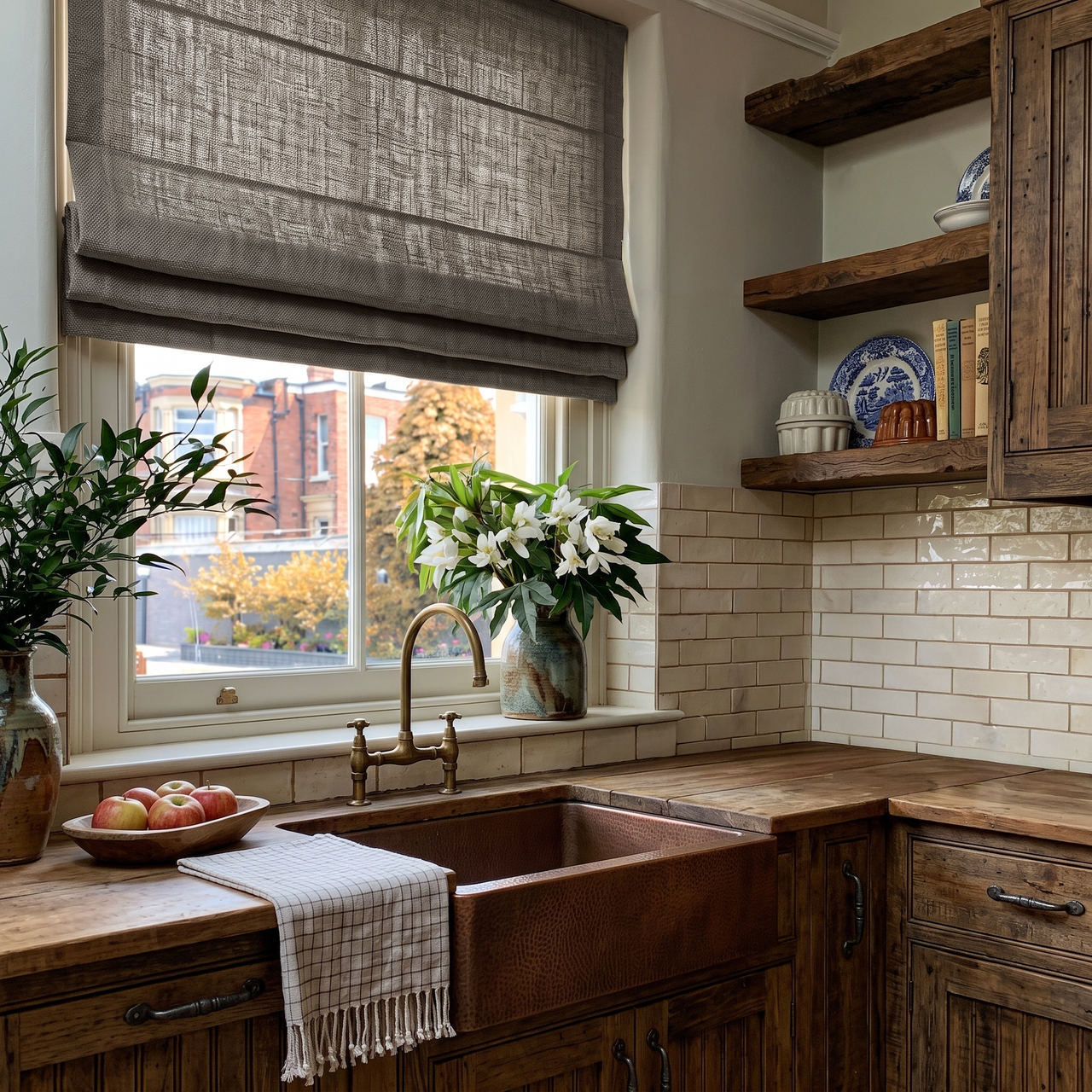 Natural Heavy Weight Linen Roman Blinds in a Rustic Kitchen with Reclaimed Wood Cabinetry