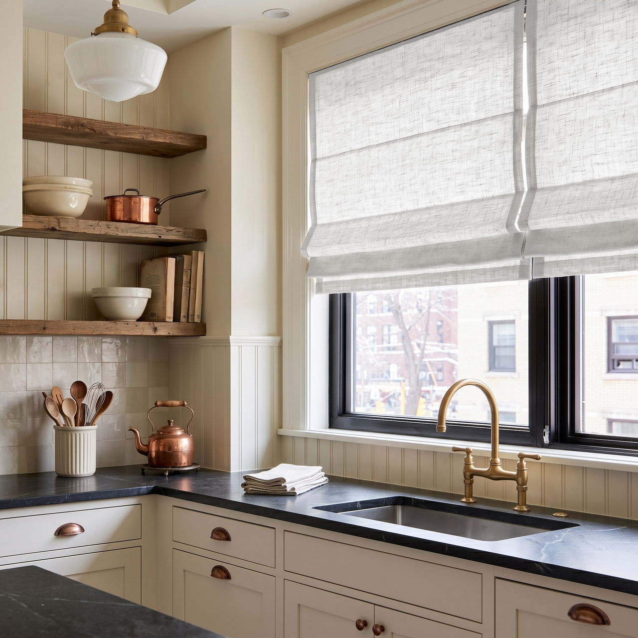 Off-White Heavy Weight Linen Roman Blinds in a Warm Cottage Kitchen with Beadboard Walls