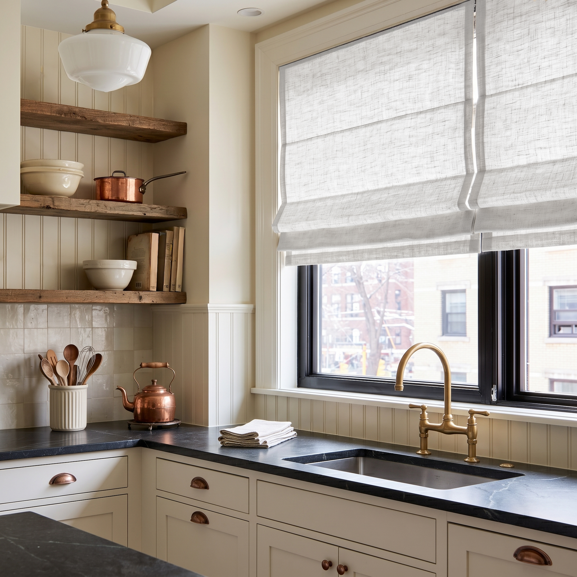 Off-White Heavy Weight Linen Roman Blinds in a Warm Cottage Kitchen with Beadboard Walls