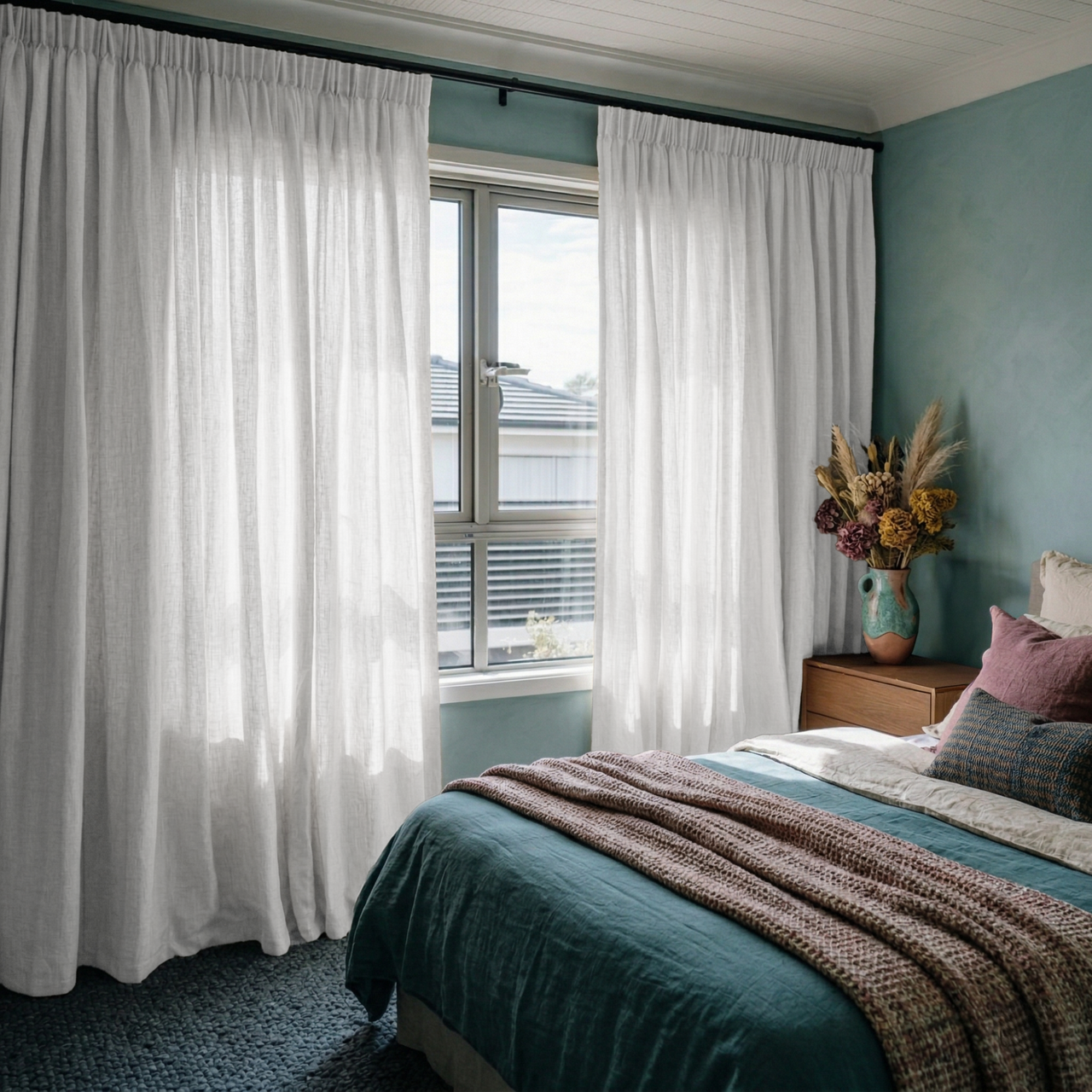 Off-White Heavy Weight Linen Pencil Pleat Curtains in a Soft Coastal-Inspired Bedroom