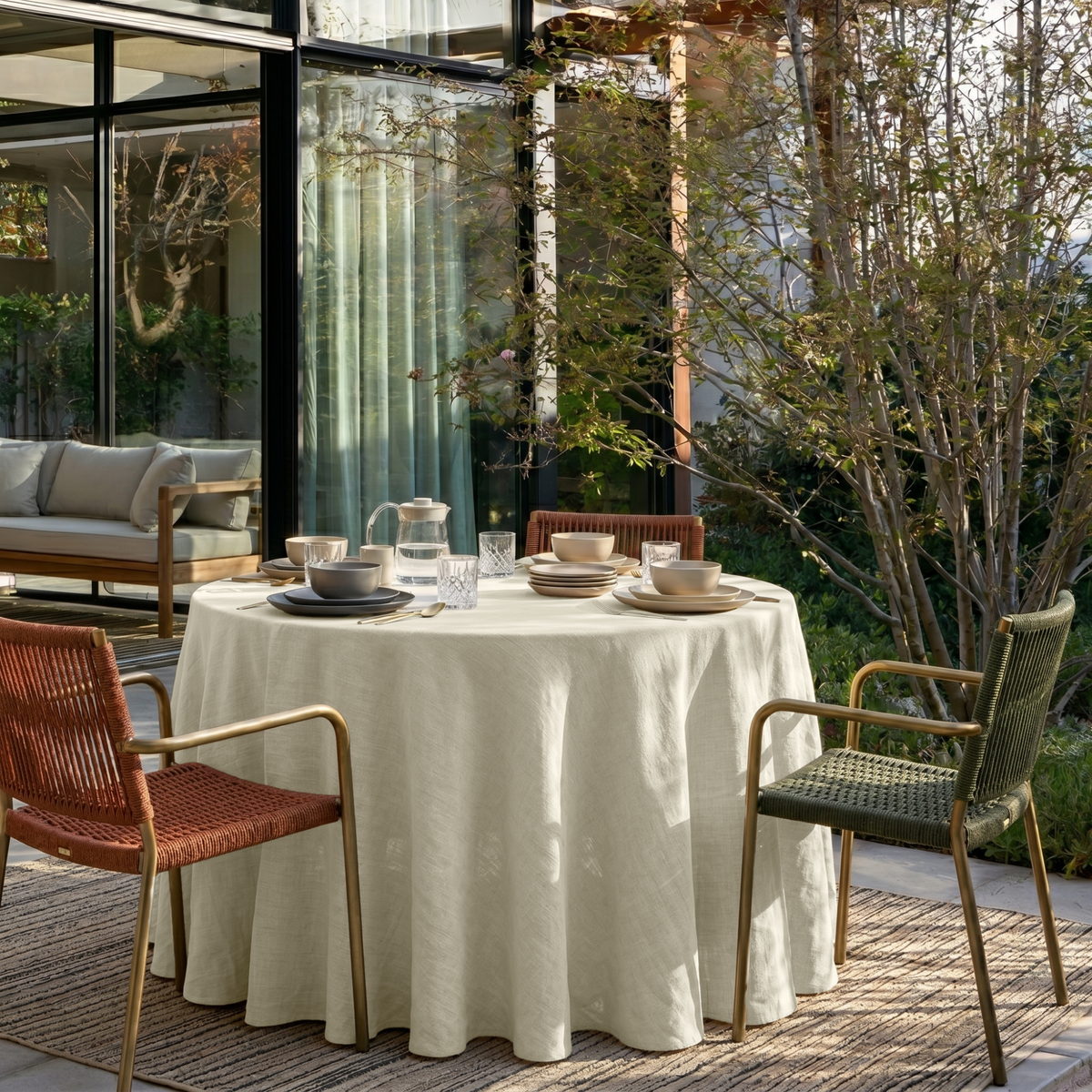Ecru Heavy Weight Linen Round Tablecloth in a Garden Patio