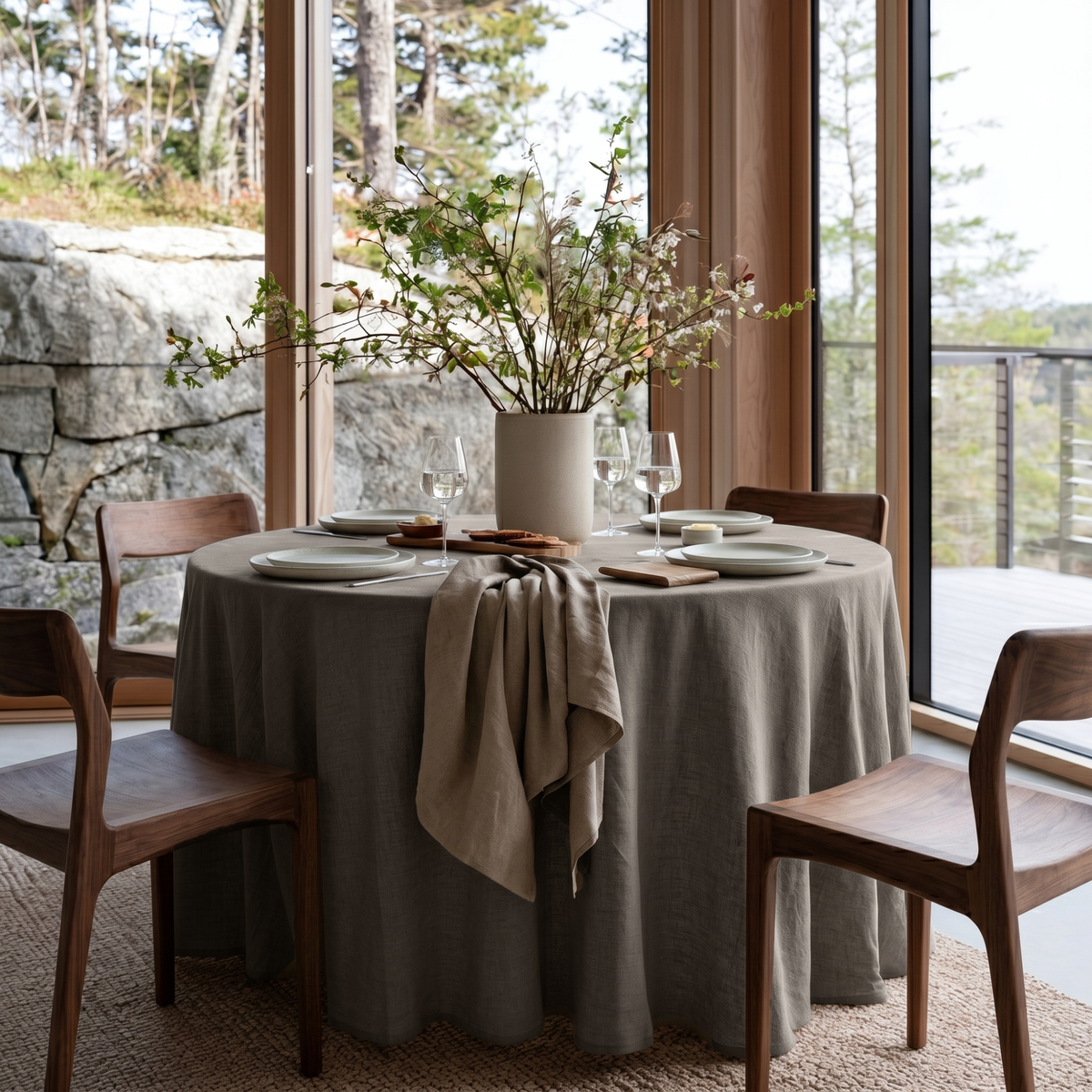 Natural Heavy Weight Linen Round Tablecloth in a Contemporary Dining Room with Floor-To-Ceiling Windows and Walnut Wood