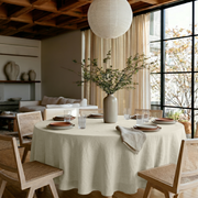Ecru Heavy Weight Linen Round Tablecloth in a Warm Dining Room