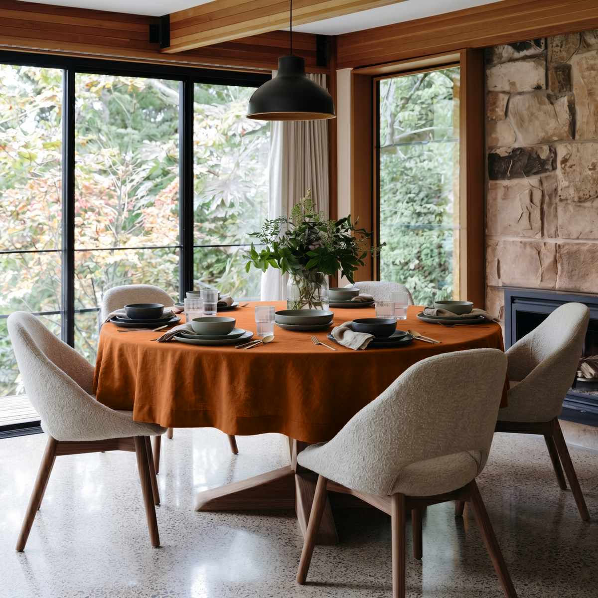 Terracotta Heavy Weight Linen Round Tablecloth in a Contemporary Dining Room with Warm Wood Paneling