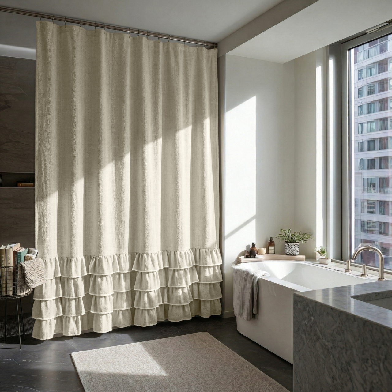 Ecru Heavy Weight Linen Ruffled Shower Curtain