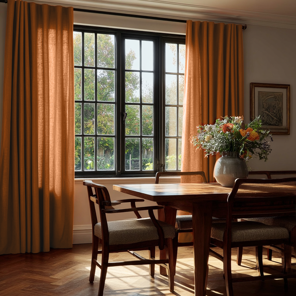 Heavy Weight Terracotta Linen Back Tabs Dining Room Curtain in a Traditional Dining Room with Light Gray Walls 