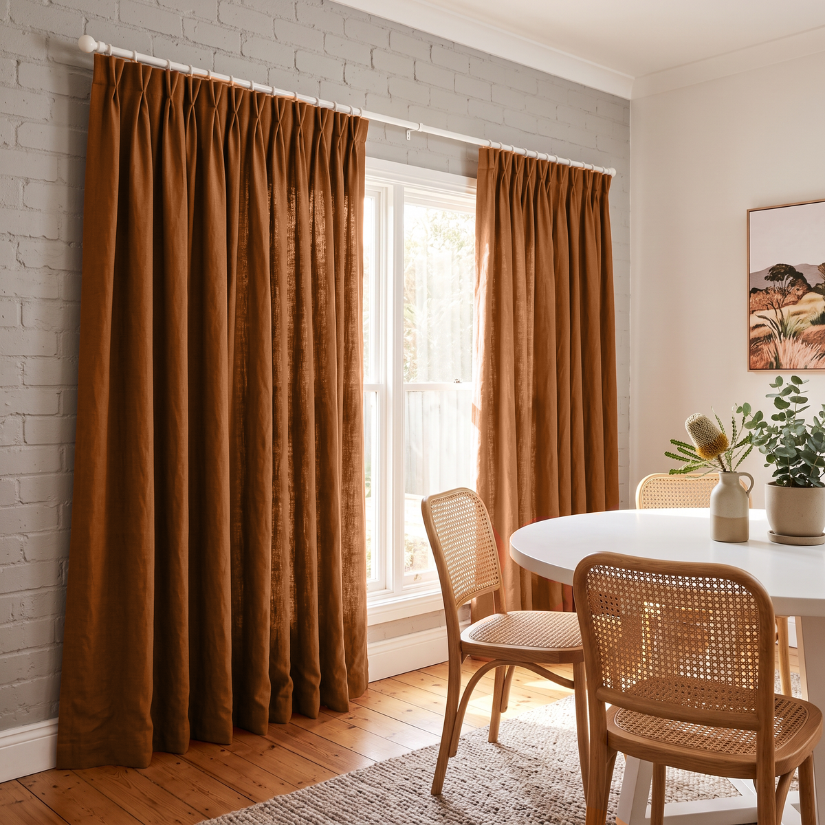Heavy Weight Terracotta Linen Pinch Pleat Dining Room Curtain in a Rustic Dining Room with Light Gray Painted Brick Walls and Cane Back Dining Chairs Resting On Hardwood Floors - Cotton Lining