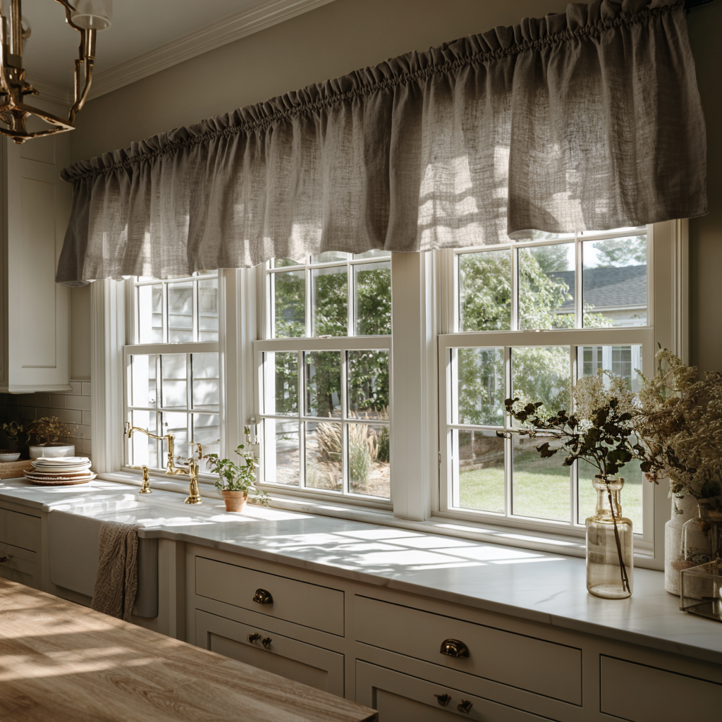 Natural Heavyweight Linen Valance - Custom Kitchen Curtains – Available in 24 Different Colours