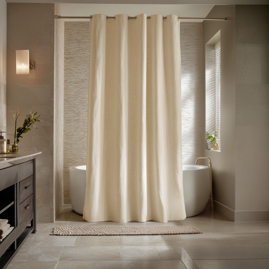 Cream shower curtain in a modern bathroom with a freestanding bathtub.