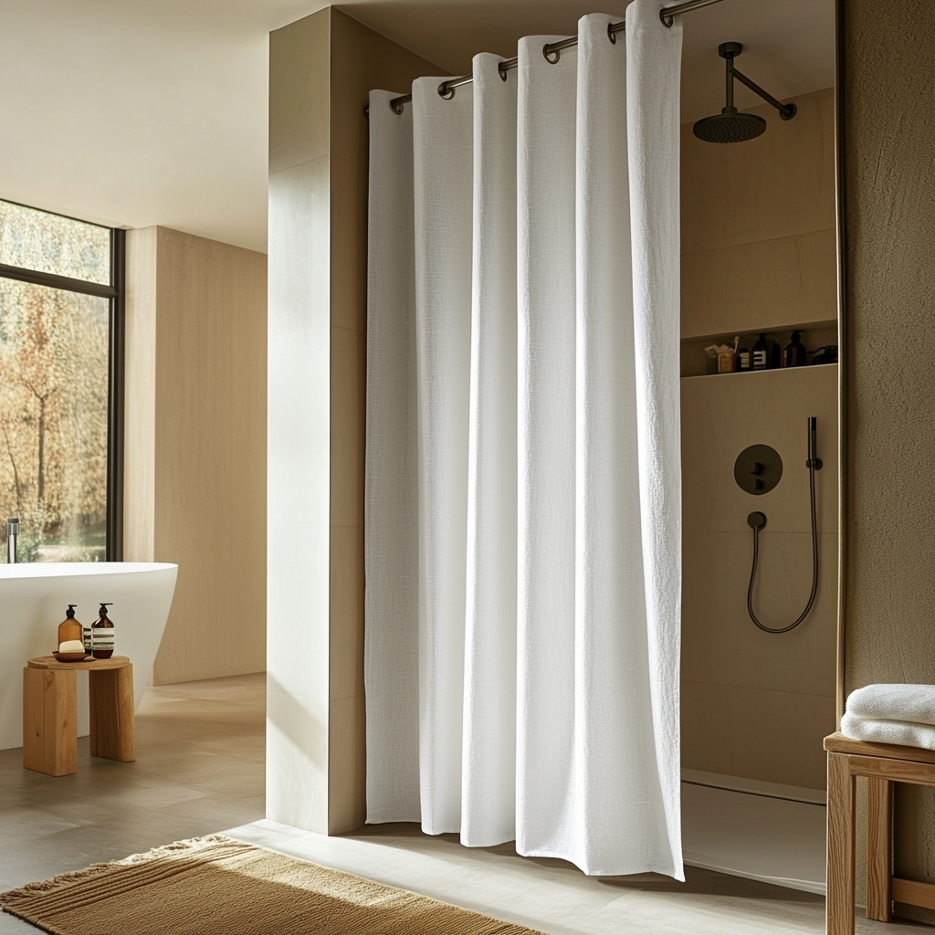 Off-White Heavy Weight Hookless Linen Waterproof Shower Curtain
