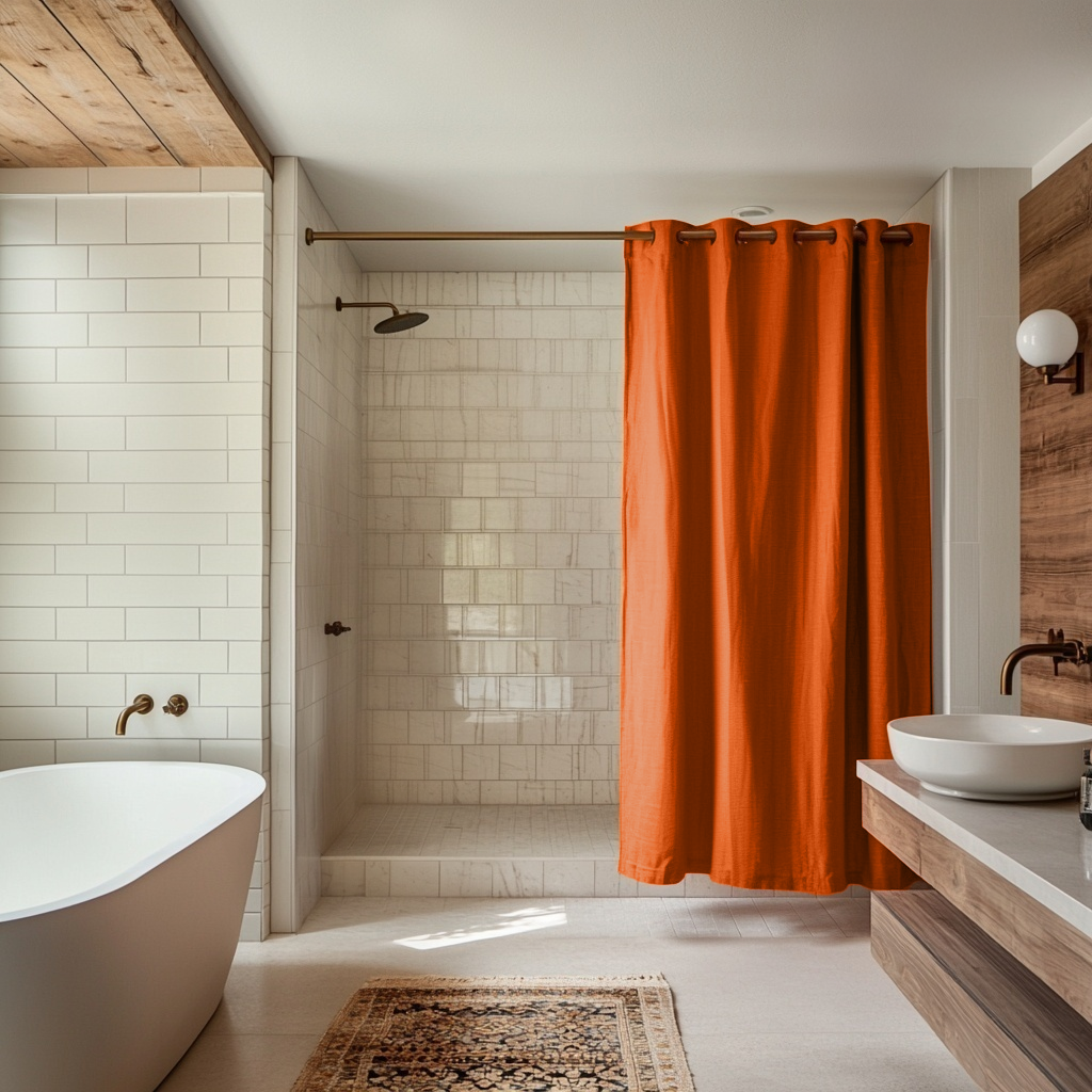 Orange Hookless Linen Shower Curtain