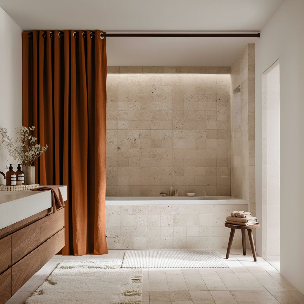 Waterproof Terracotta Heavy Weight Hookless Linen Shower Curtain
