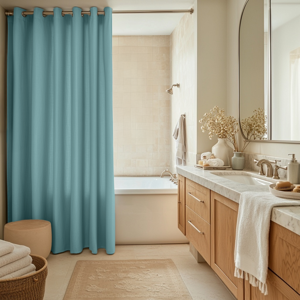 Aquamarine Hookless Linen Shower Curtain