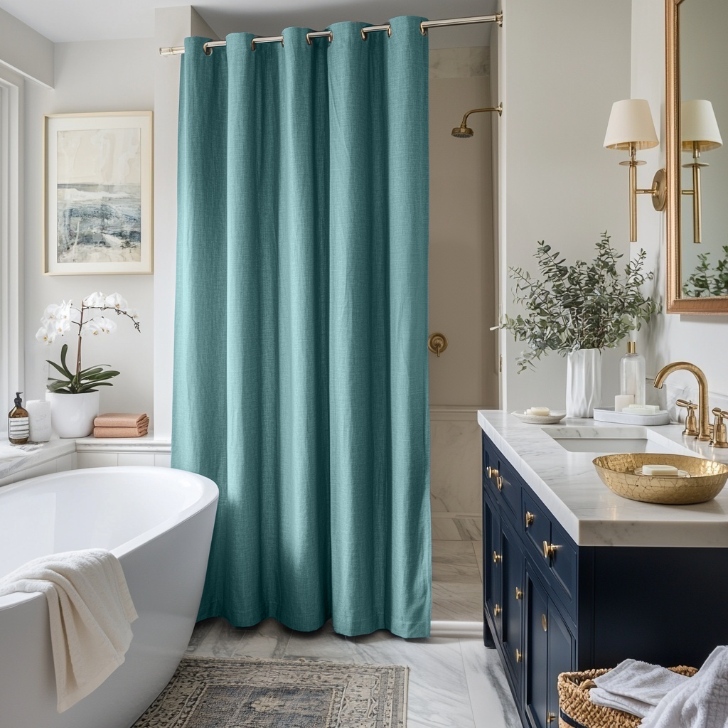 Aquamarine Hookless Linen Shower Curtain