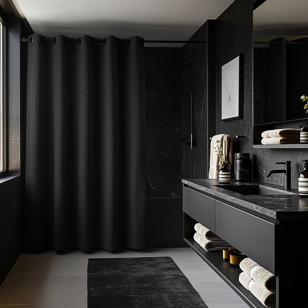 Black Hookless Linen Shower Curtain