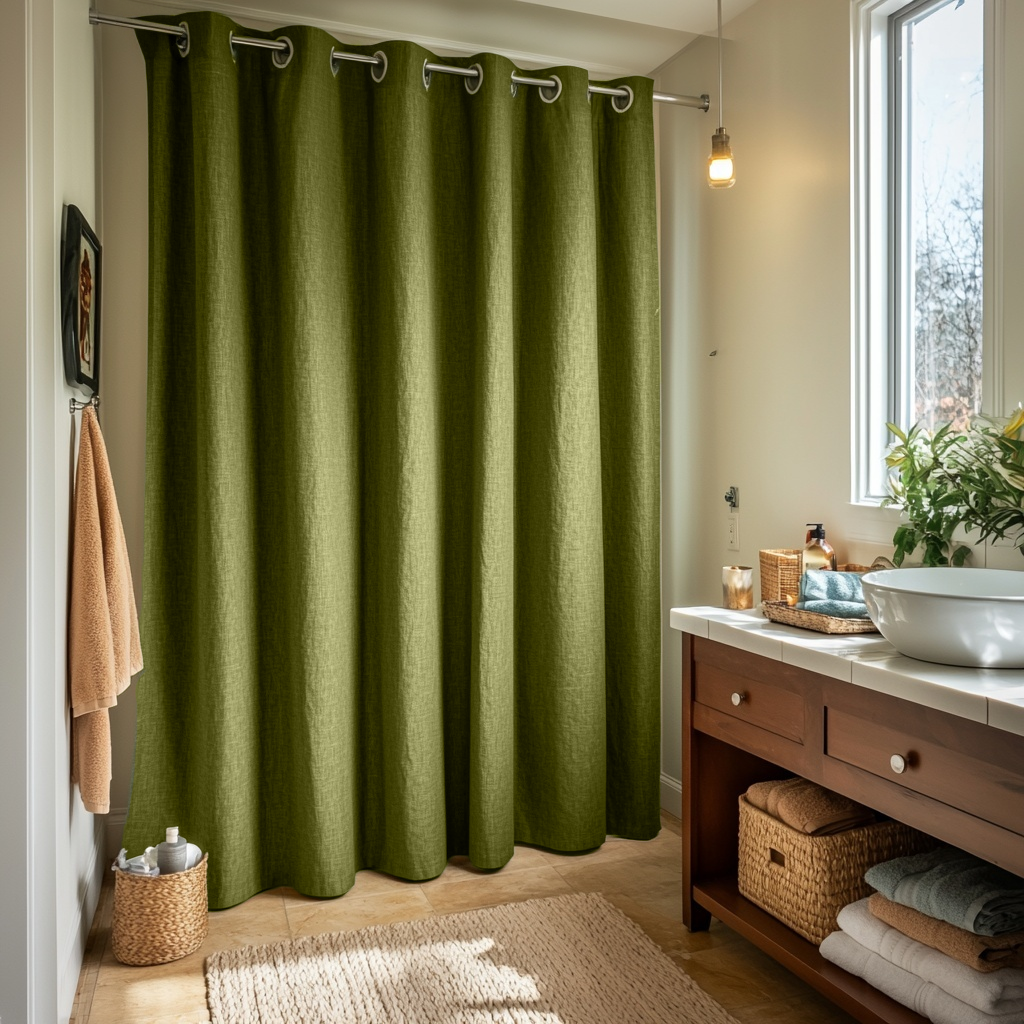 Moss Green Hookless Linen Shower Curtain