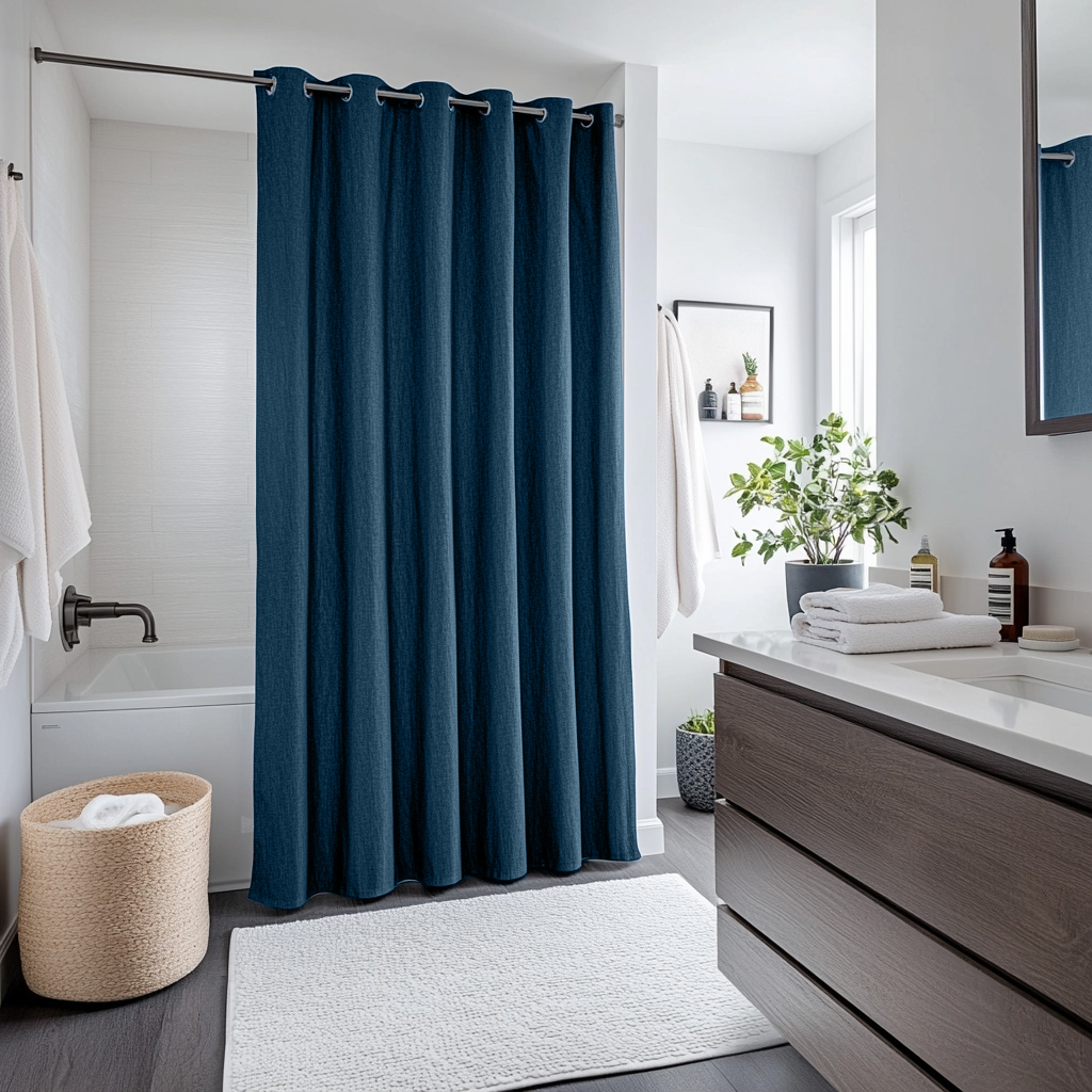 Peacock Blue Hookless Linen Shower Curtain