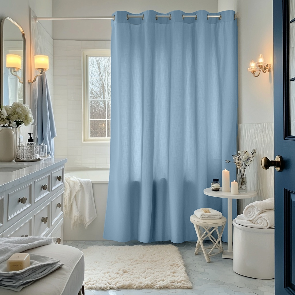 Sky Blue Hookless Linen Shower Curtain