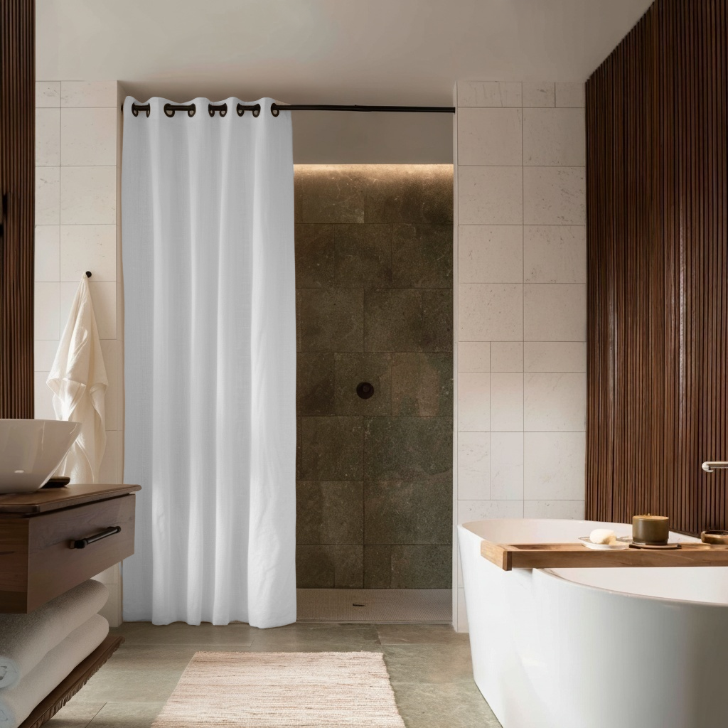 White Hookless Linen Shower Curtain