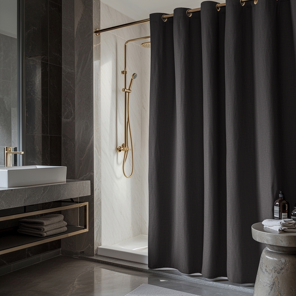 Charcoal Grey Hookless Linen Waterproof Shower Curtain