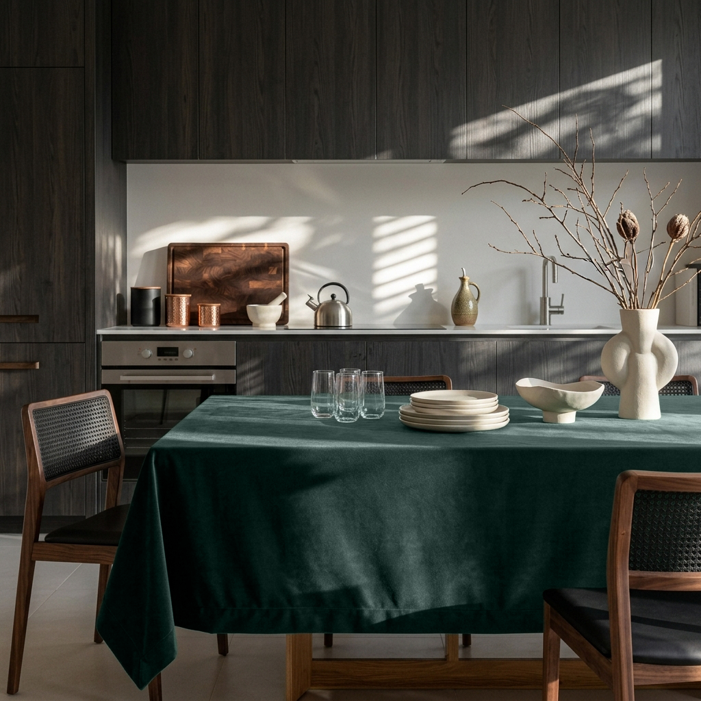 Hunter Green Rectangular Velvet Tablecloth in a Contemporary Kitchen with Dark Wood Cabinetry and Cane Chairs