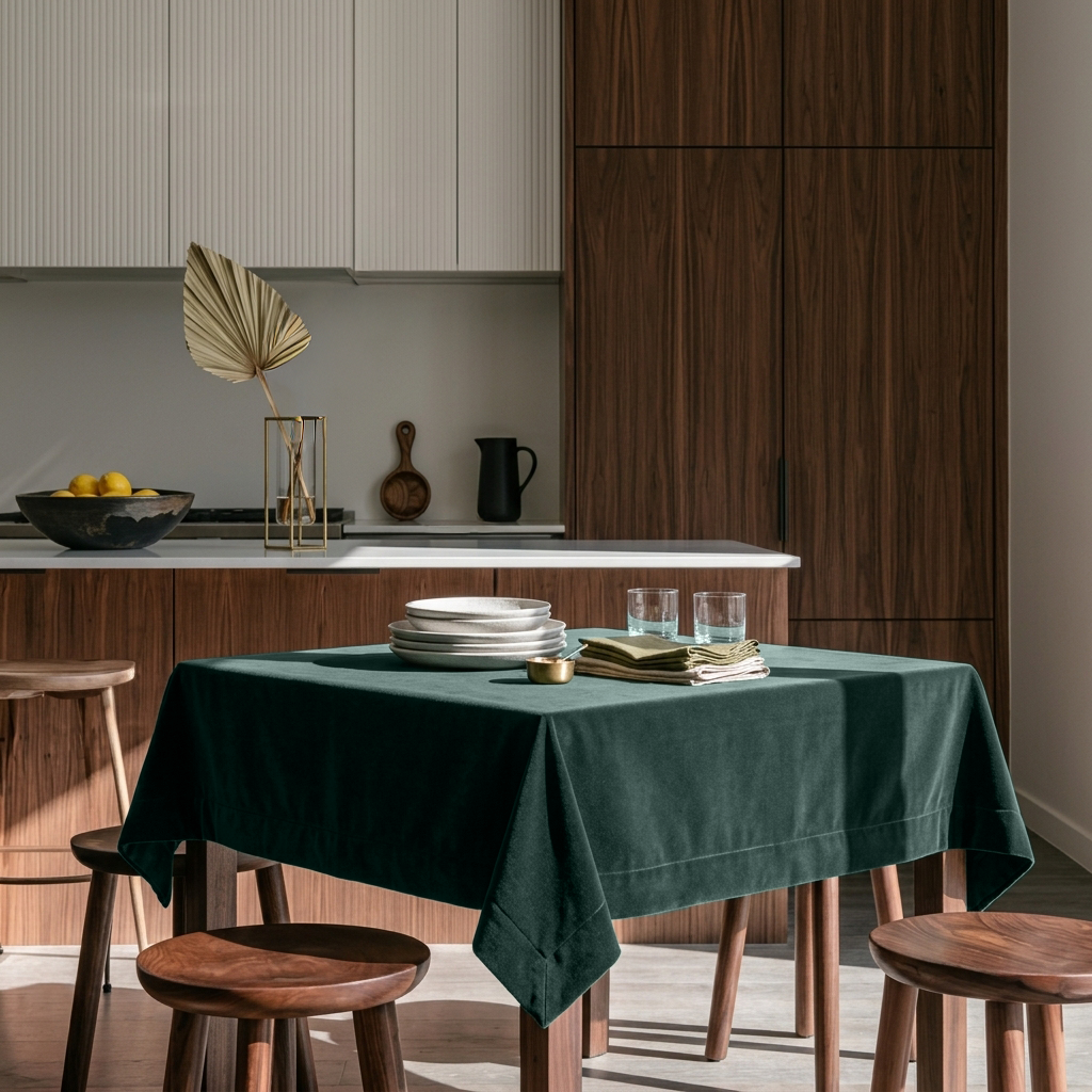 Hunter Green Square Velvet Tablecloth in a Contemporary Kitchen with Walnut Cabinetry and Wooden Stools