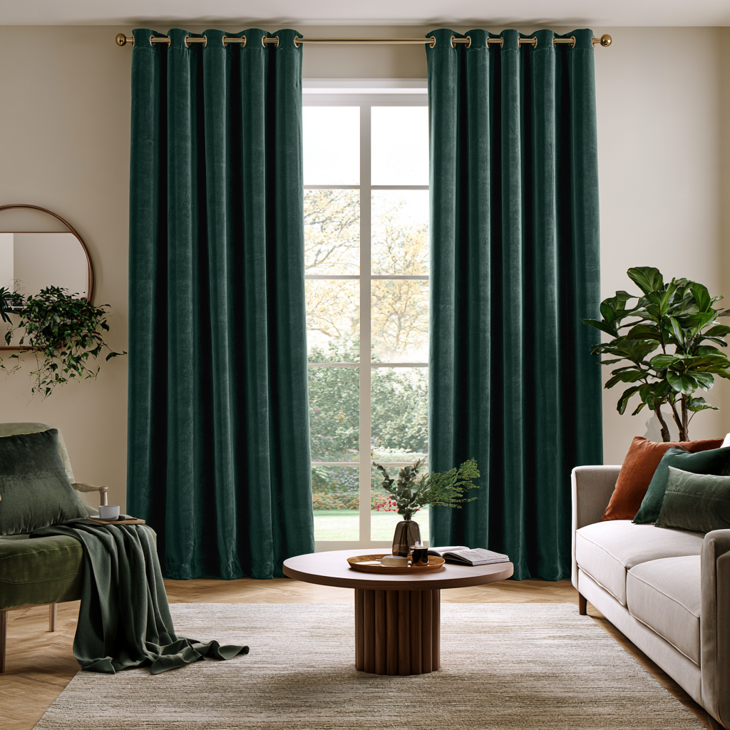 Hunter Green Velvet Eyelets Extra Long Curtains in a Transitional Living Room with Neutral Sofa and Garden View